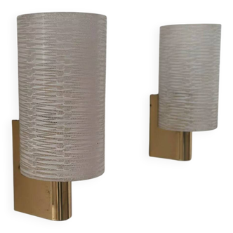 Pair of vintage wall lights, brass and glass, France 1960