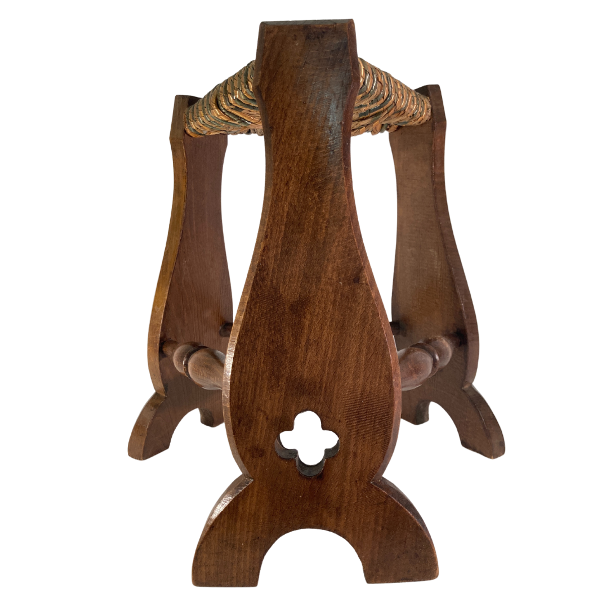 Pair of brutalist neo gothic rush oak tripod stools, France ca 1960s