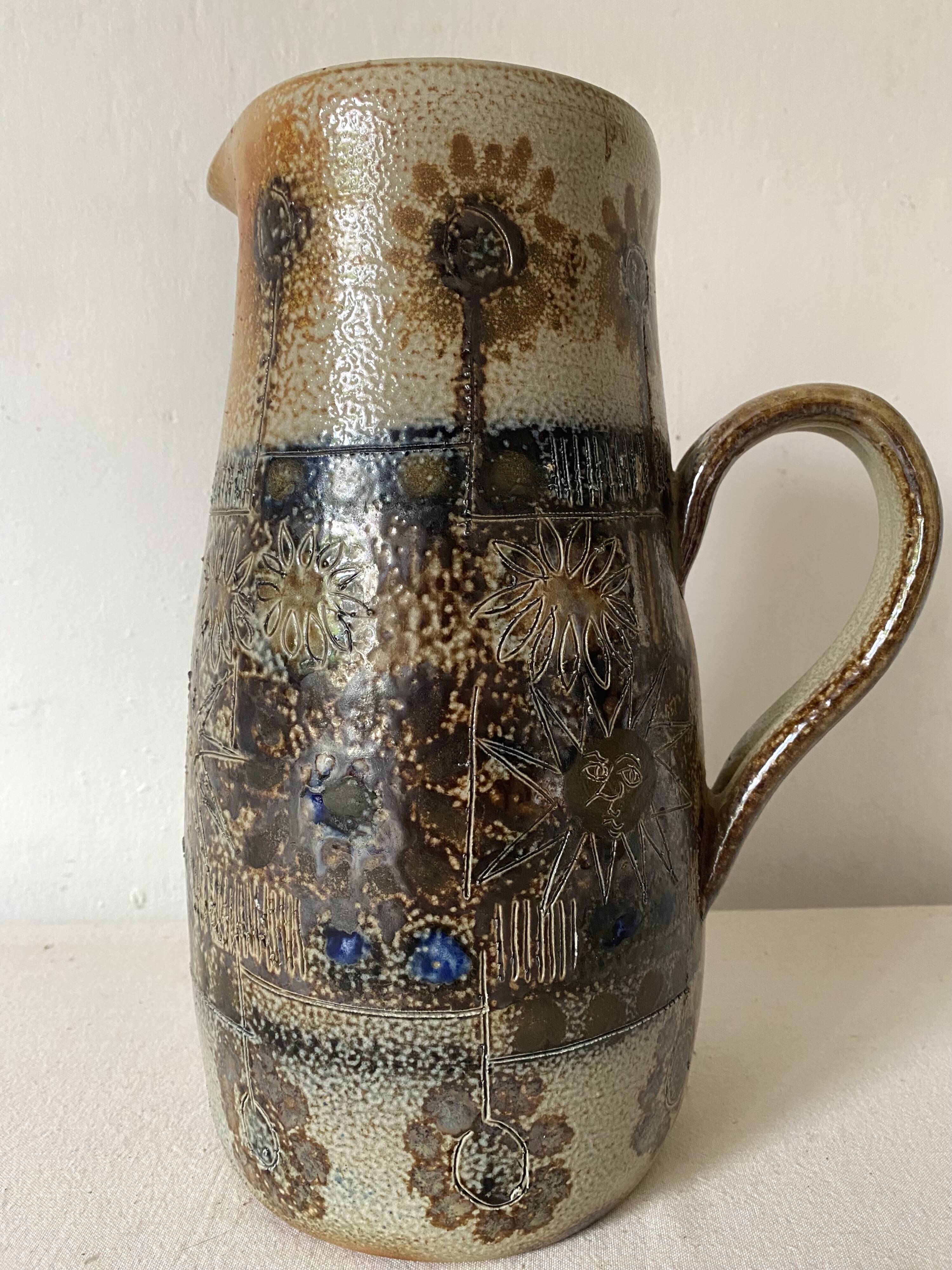 Large enamelled stoneware pitcher JC Courjault Kéraluc signed 31 cm, 1970s