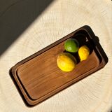 Trio of rounded rectangular trays or cups in monoxyl teak L:35