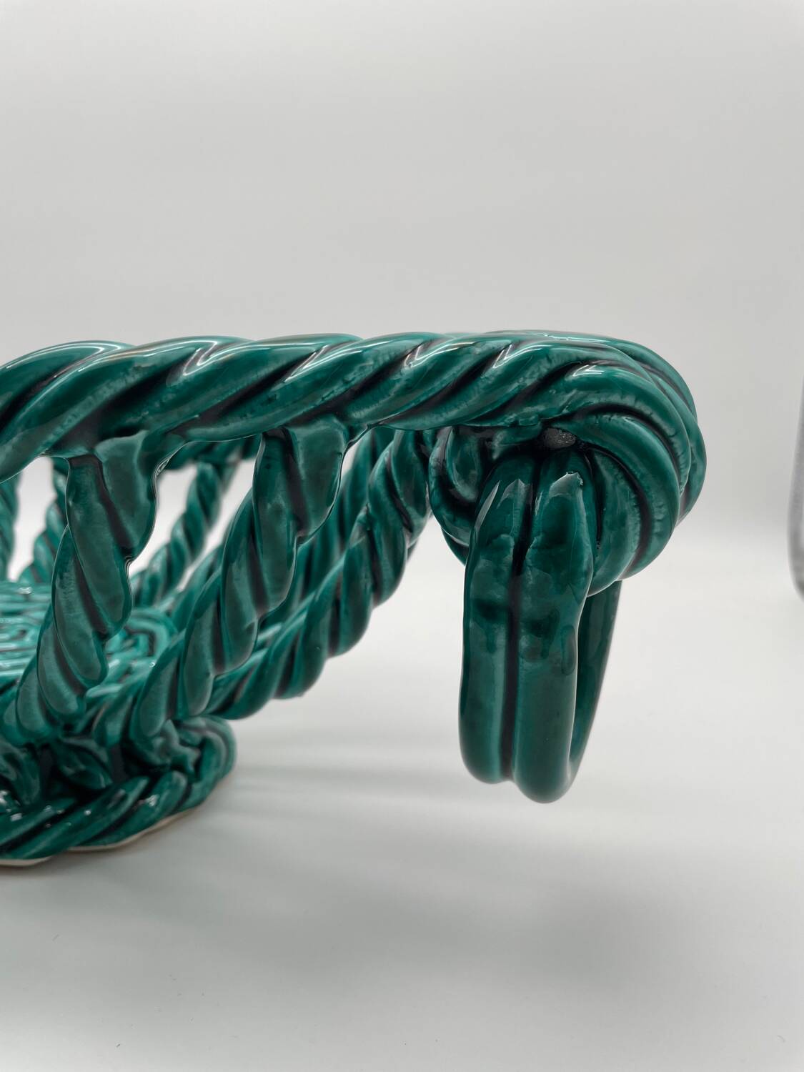 Vintage fruit basket in green enamelled woven earthenware