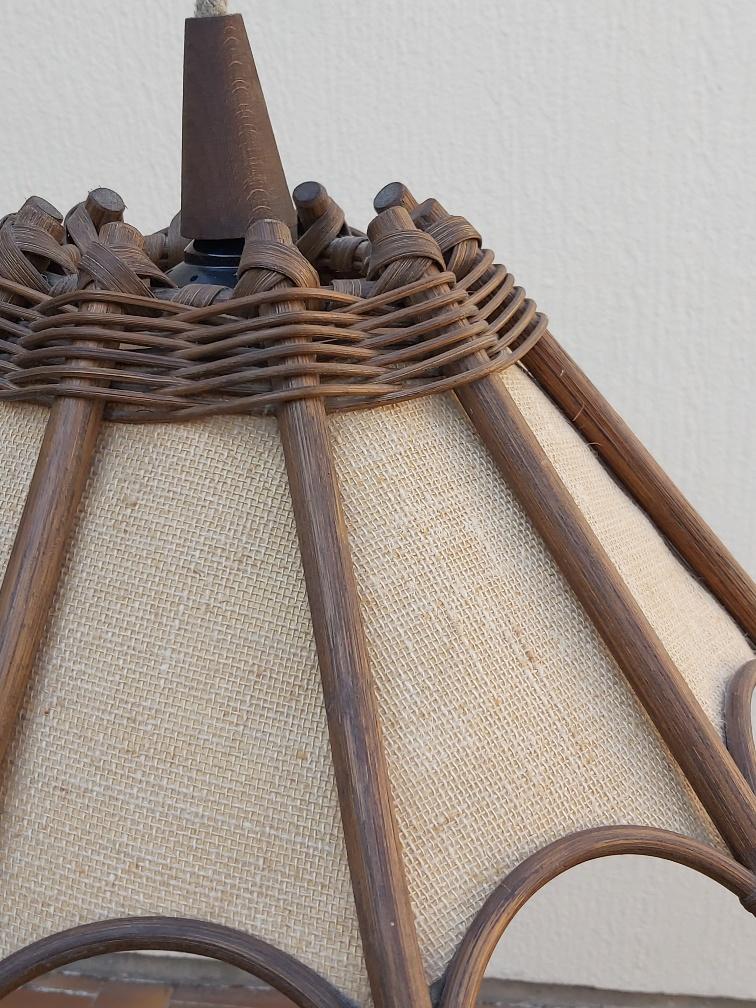 Scandinavian rattan hanging lamp, wood and vintage fabric