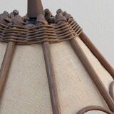 Scandinavian rattan hanging lamp, wood and vintage fabric