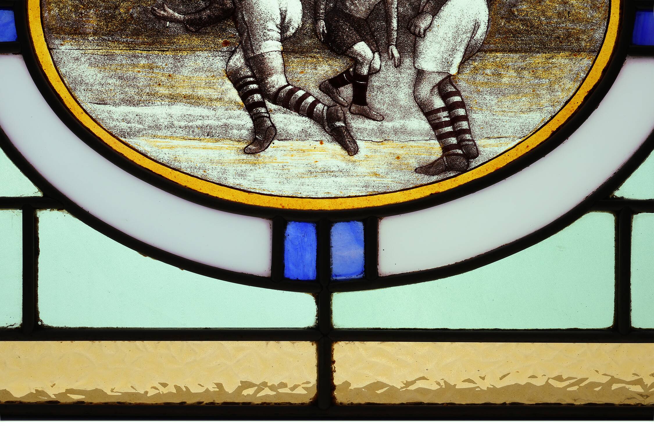 Art Deco Stained Glass Panel Depicting Early Football Scene, Belgium ca. 19