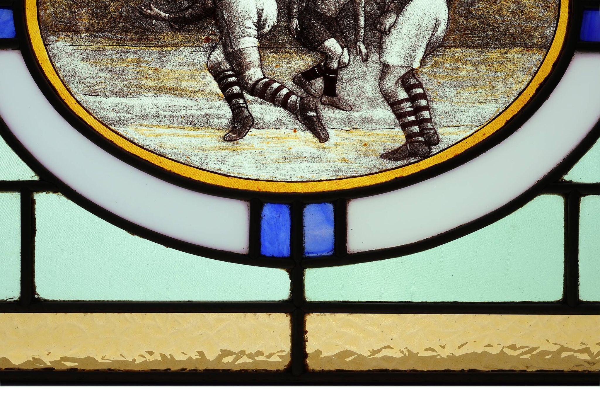 Art Deco Stained Glass Panel Depicting Early Football Scene, Belgium ca. 19