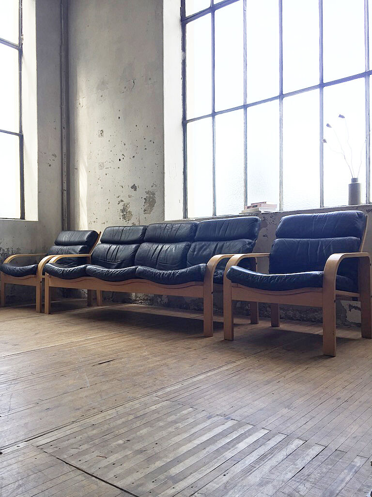 Danish sofa and armchairs curved wood and leather