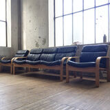 Danish sofa and armchairs curved wood and leather