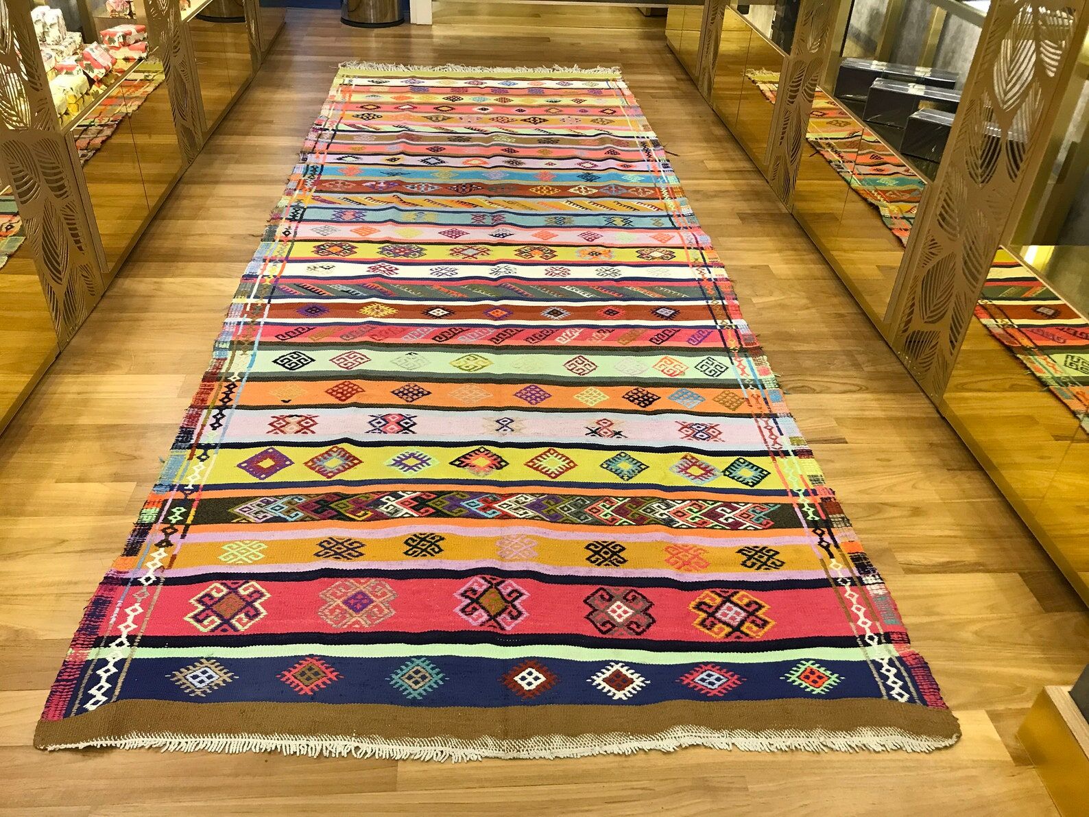 Colorful runner rug, handmade turkish kilim rug with ethnic patterns
