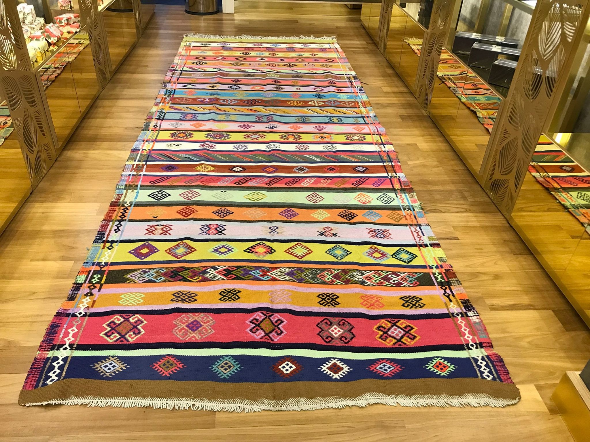 Colorful runner rug, handmade turkish kilim rug with ethnic patterns
