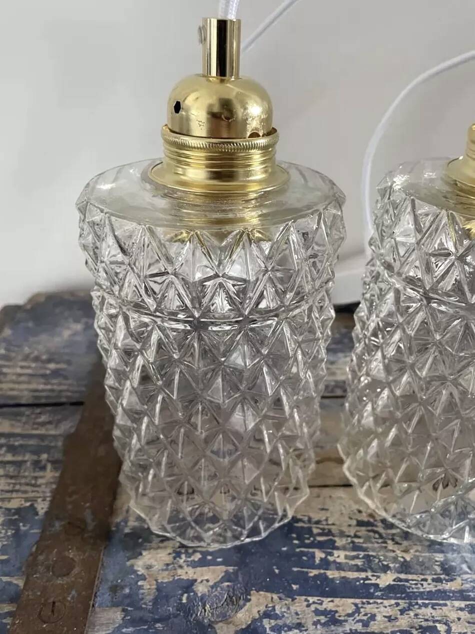 Set of two vintage chiseled glass pendant lights