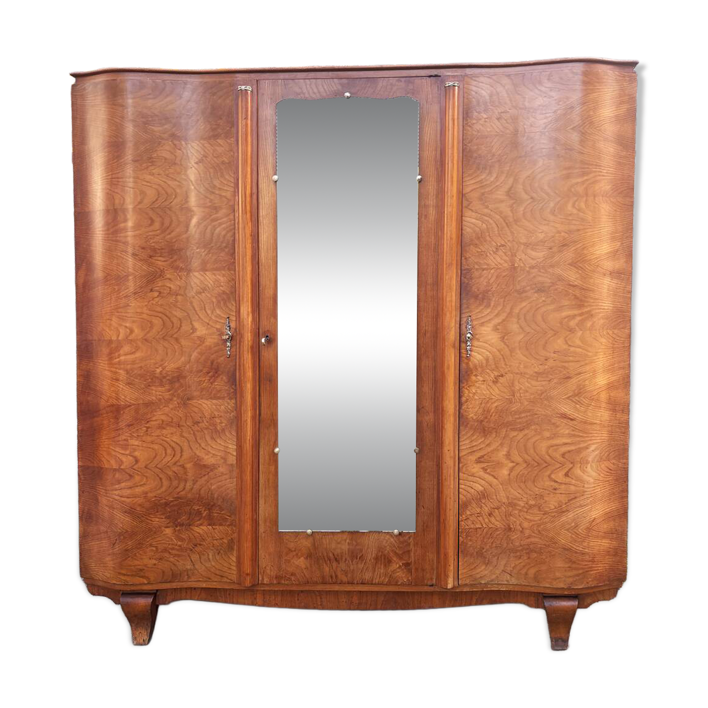 Art Deco wardrobe in flame walnut with central mirror – French elegance