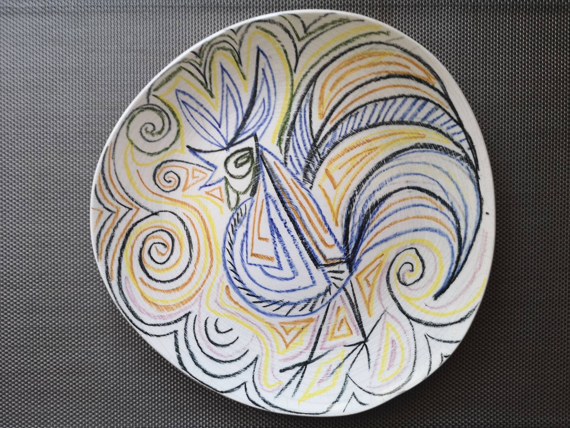 Cracked ceramic plate - Rooster pattern - 1960s