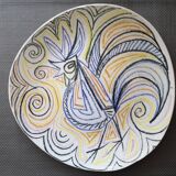 Assiette en céramique craquelée - Motif coq - Années 1960