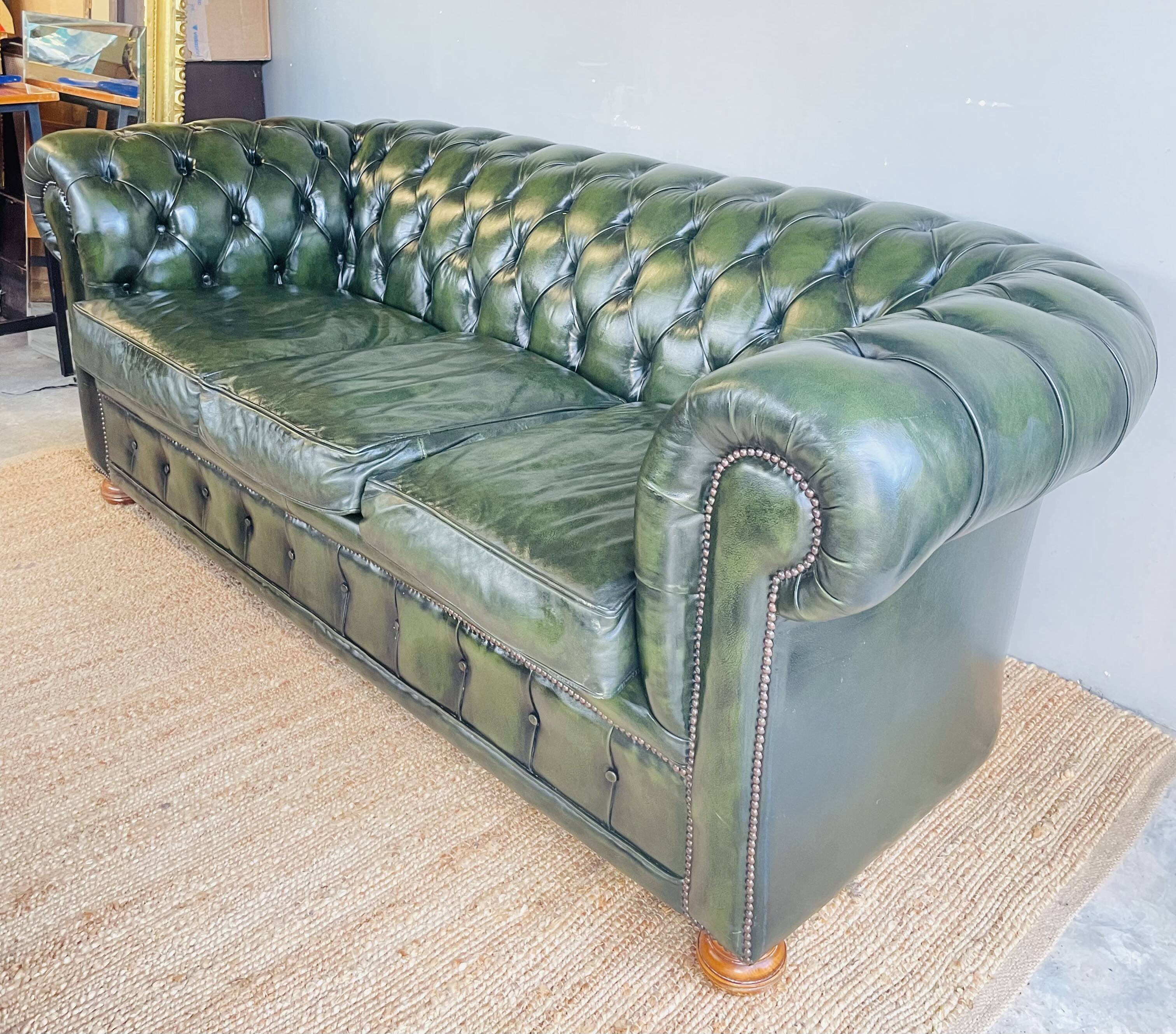 Chesterfield 3 seater sofa in English green leather