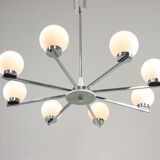 Vintage minimal chrome & opaline 8-arm chandelier, 70s