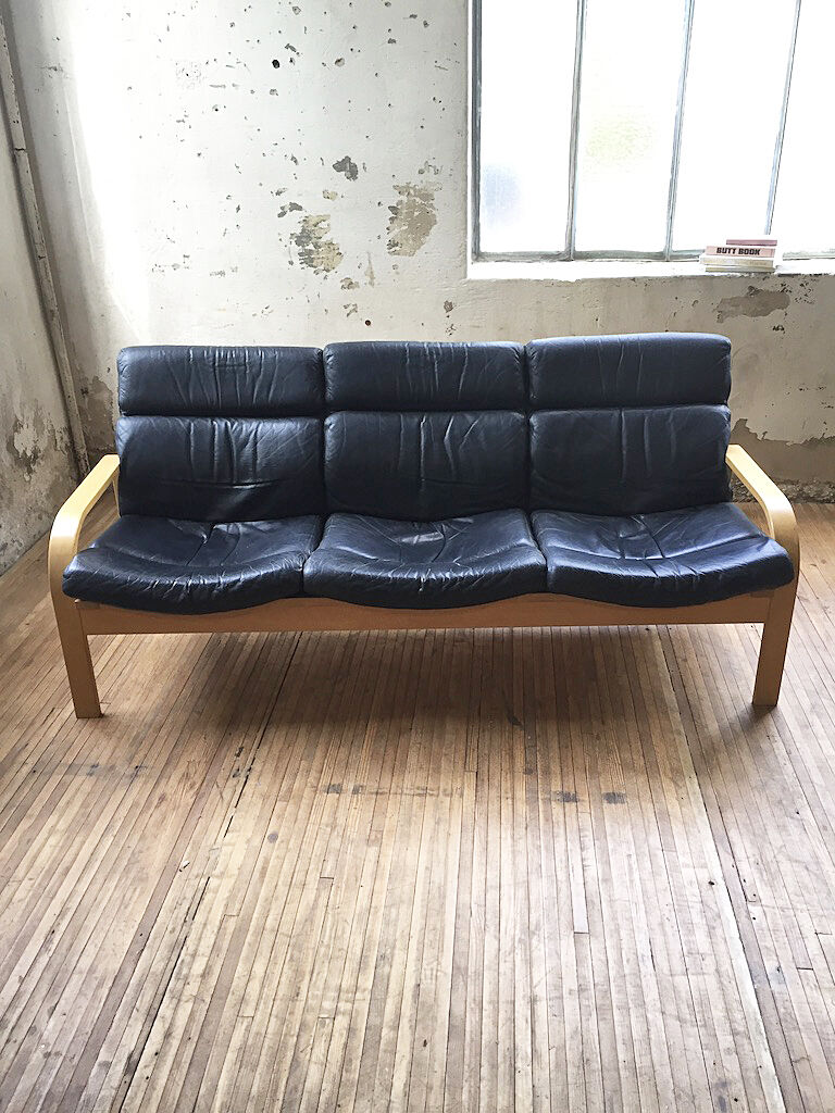 Danish sofa and armchairs curved wood and leather