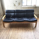 Danish sofa and armchairs curved wood and leather