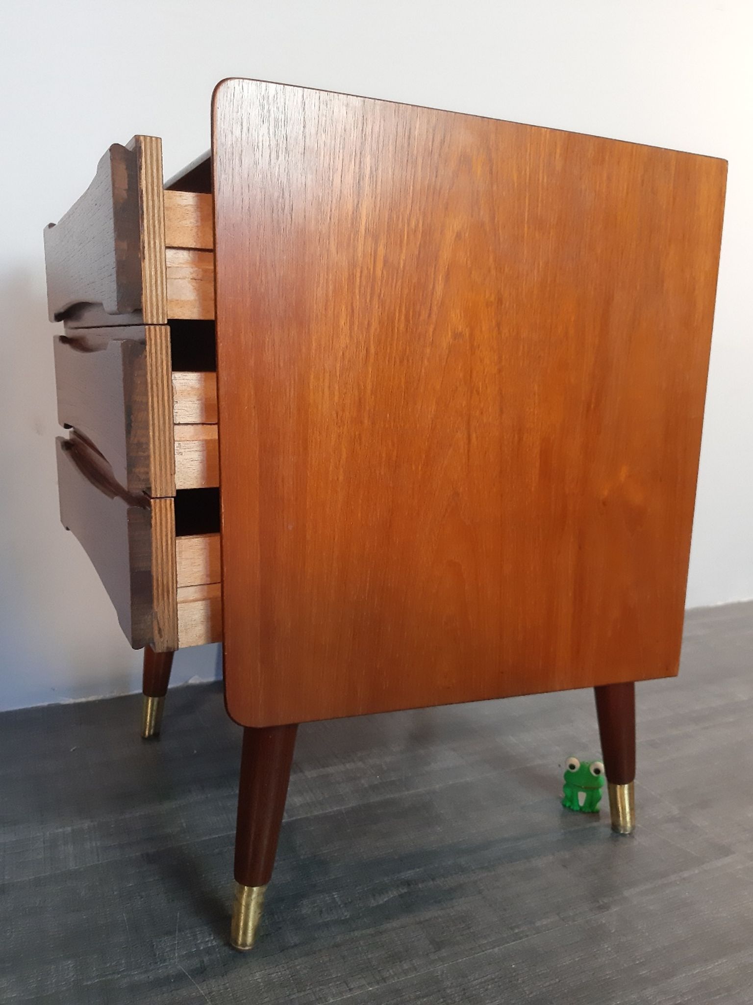 Norwegian bedside table with 3 drawers, teak and brass clogs