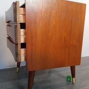 Norwegian bedside table with 3 drawers, teak and brass clogs
