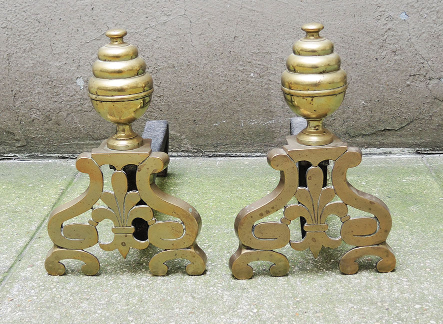 Brass chenets & fleur de lys cast iron
