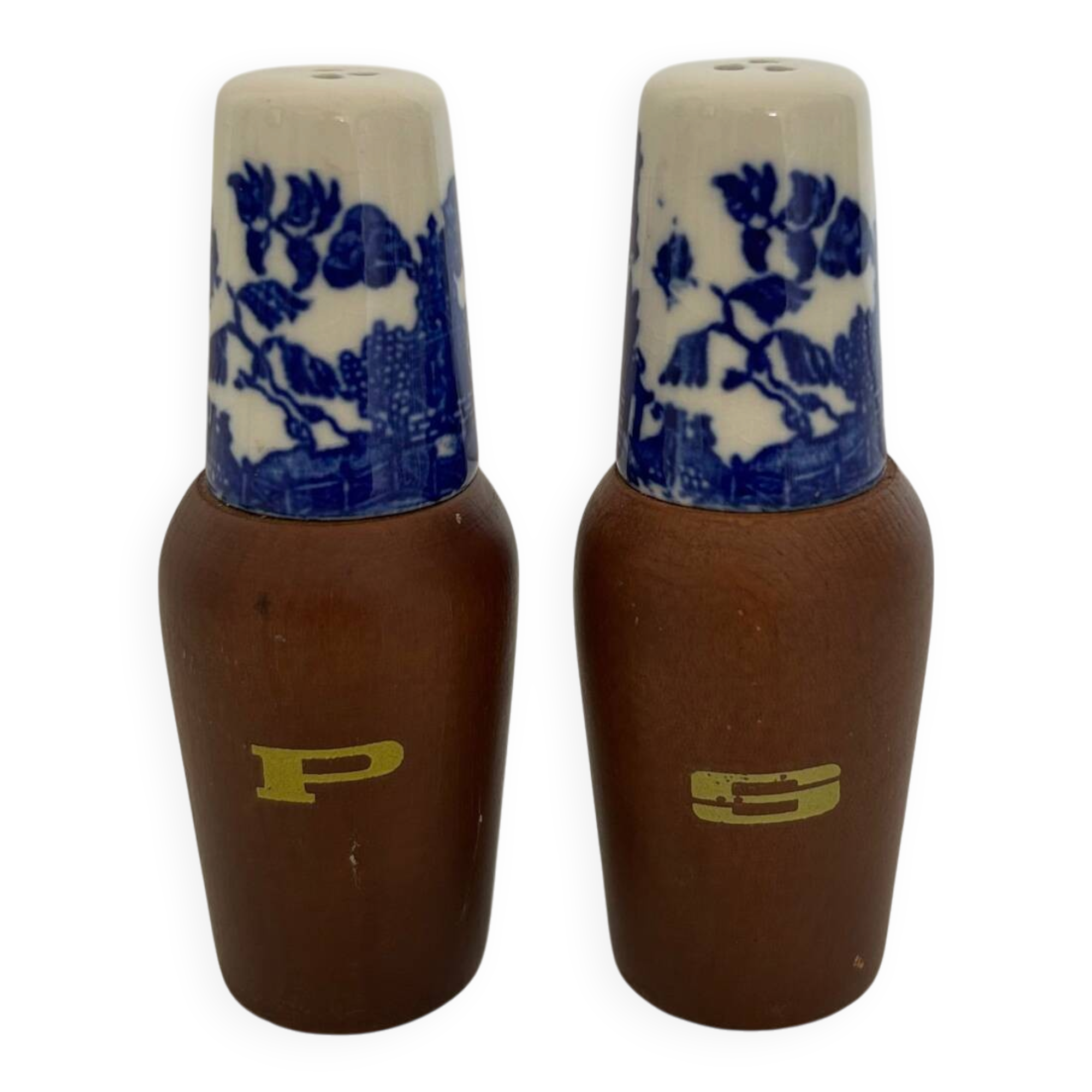 Salt and pepper shaker with blue decoration.