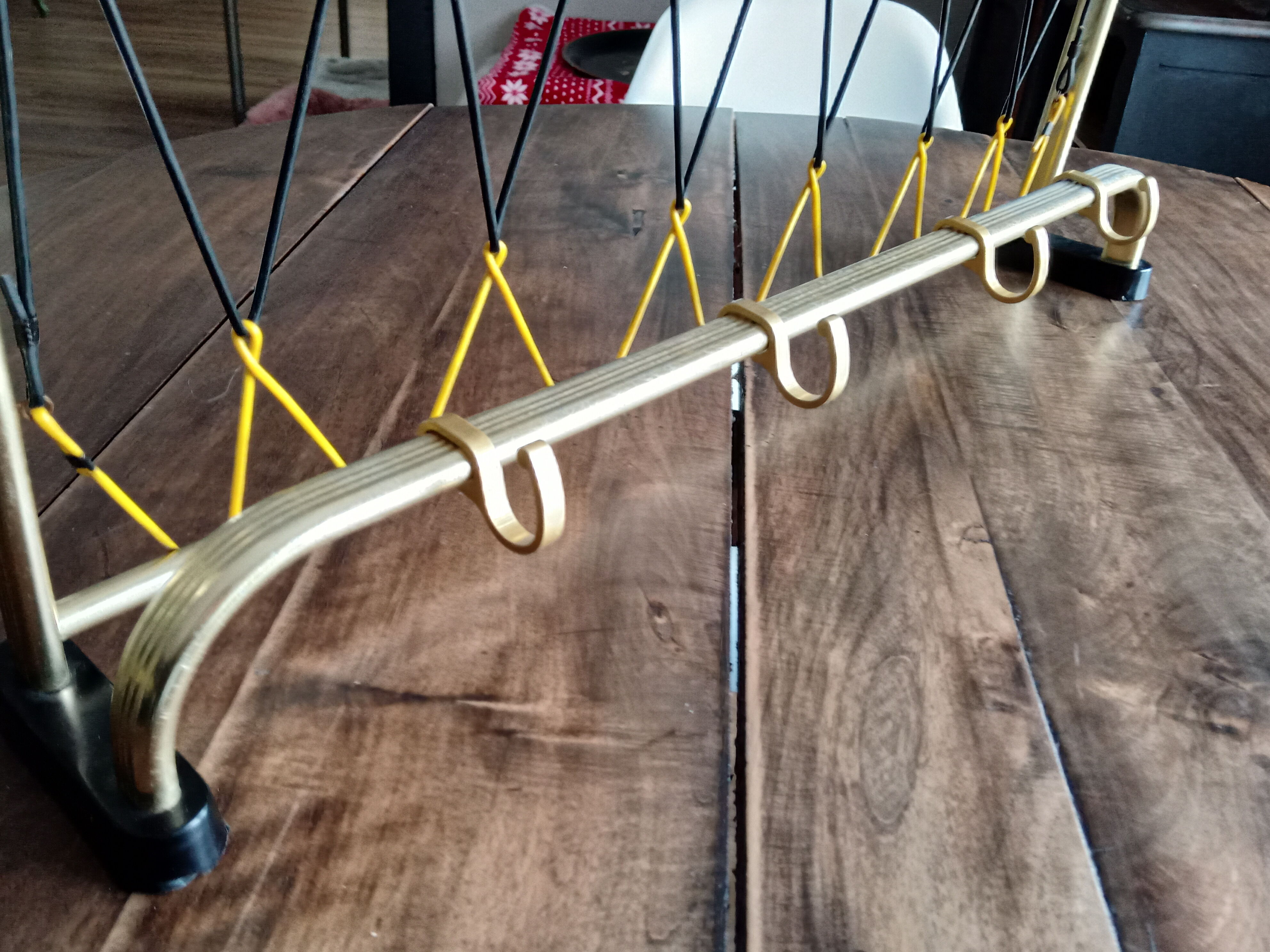 Vintage 70s coat rack in gold aluminum 4 crochets with scoubidou hats