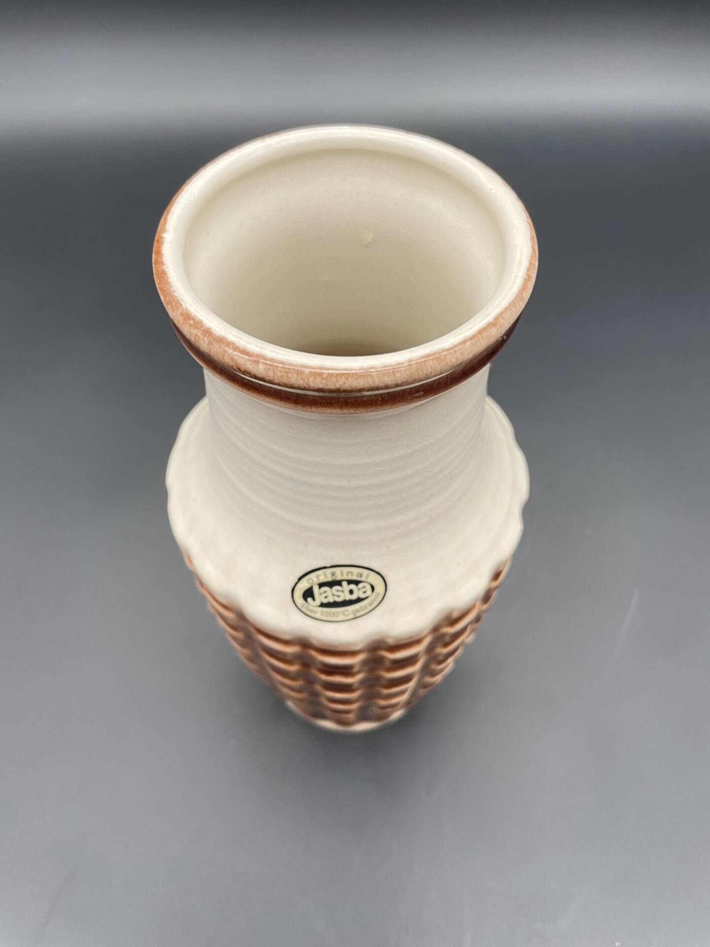 Vintage Jasba ceramic vase – brown and white geometric relief – A