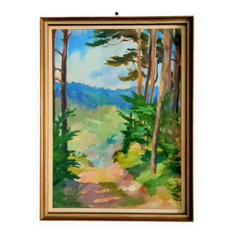 Tableau signé Albert BAYER – Peinture technique mixte gouache et aquarelle – Paysage VOSGES - ALSACE