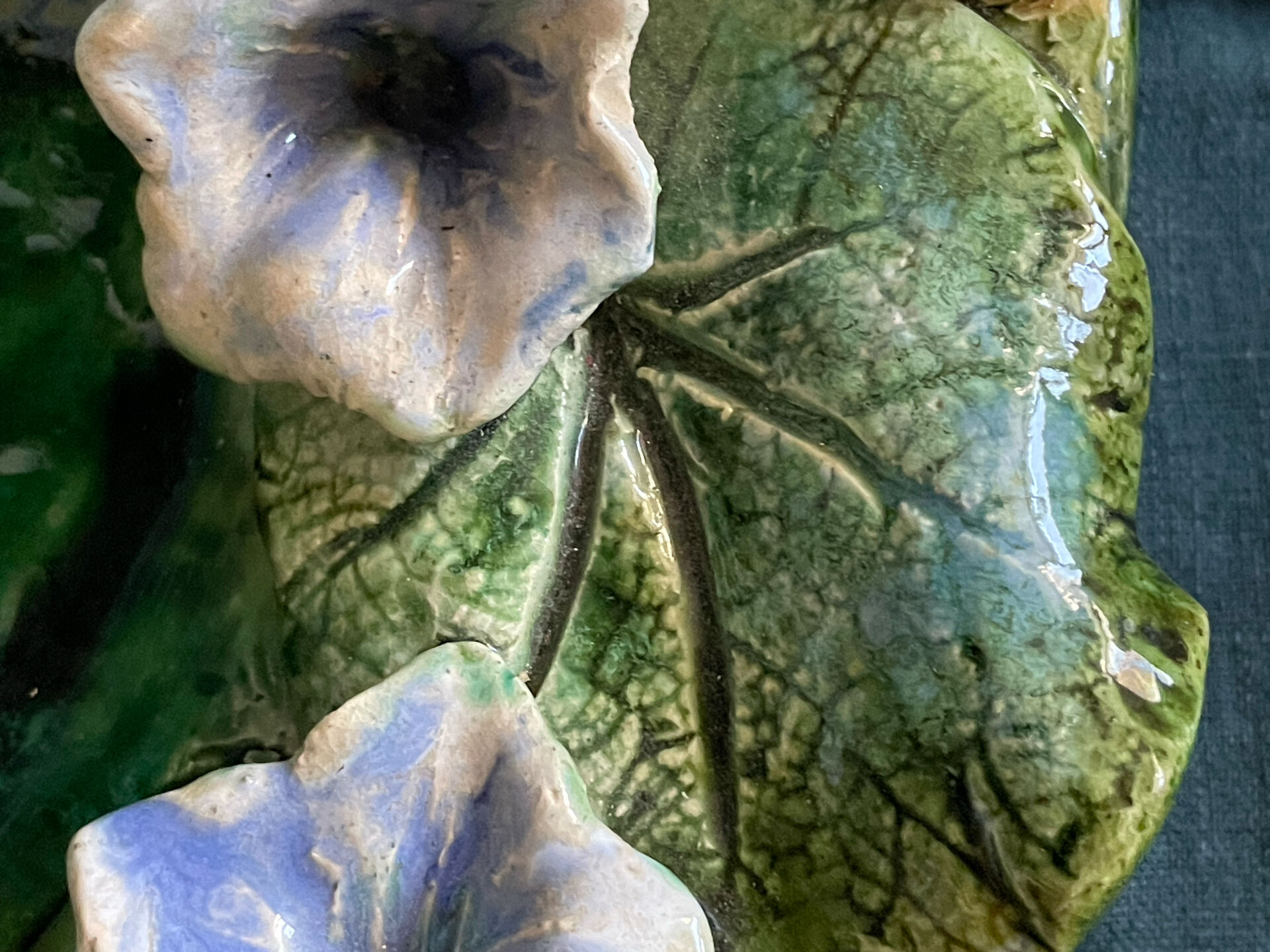 Old Hollow Round Plate in Majolica Barbotine Decorated with Bindweed and Nuts