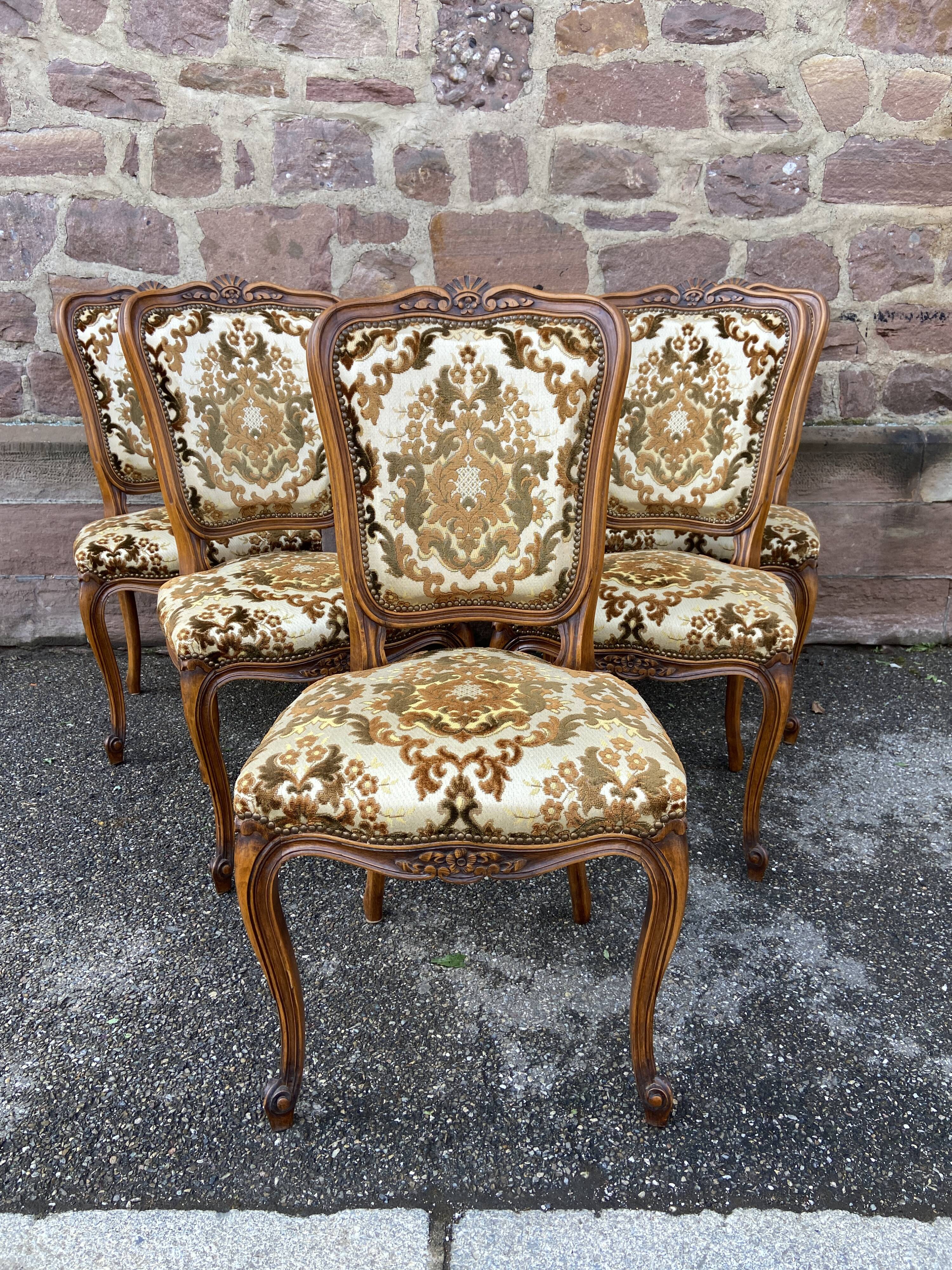 Set of 6 vintage Louis XV style French chairs, velvet upholstered, 1950s
