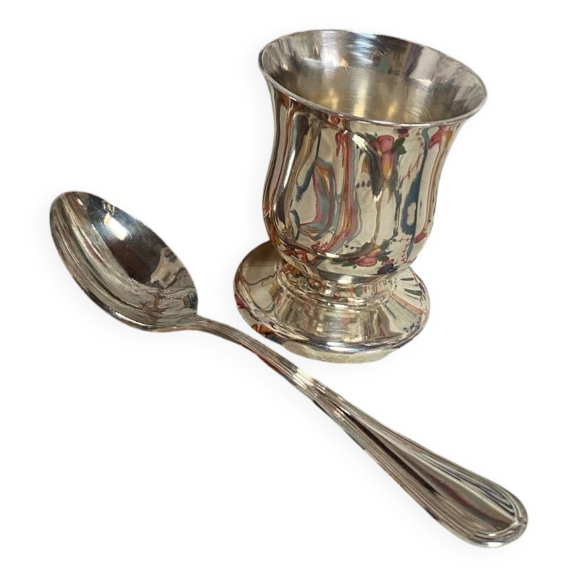 Silver-plated egg cup and spoon set