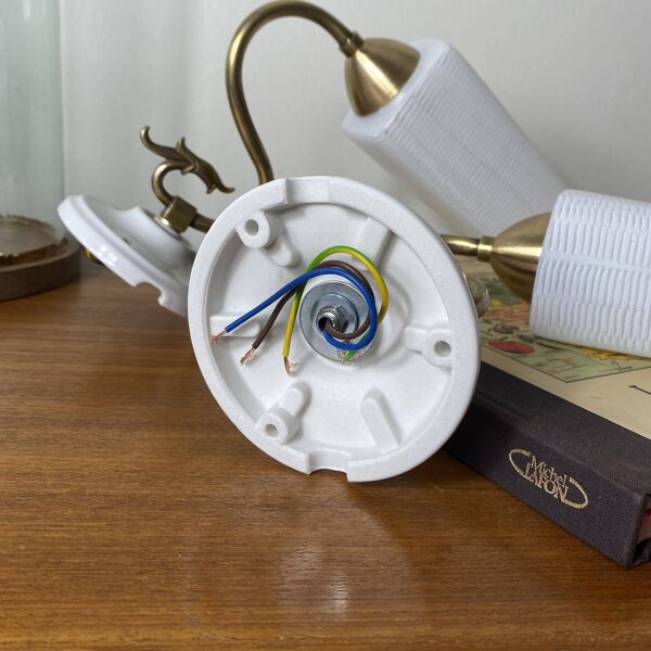 Paire d'appliques col de cygne en laiton verre blanc et porcelaine