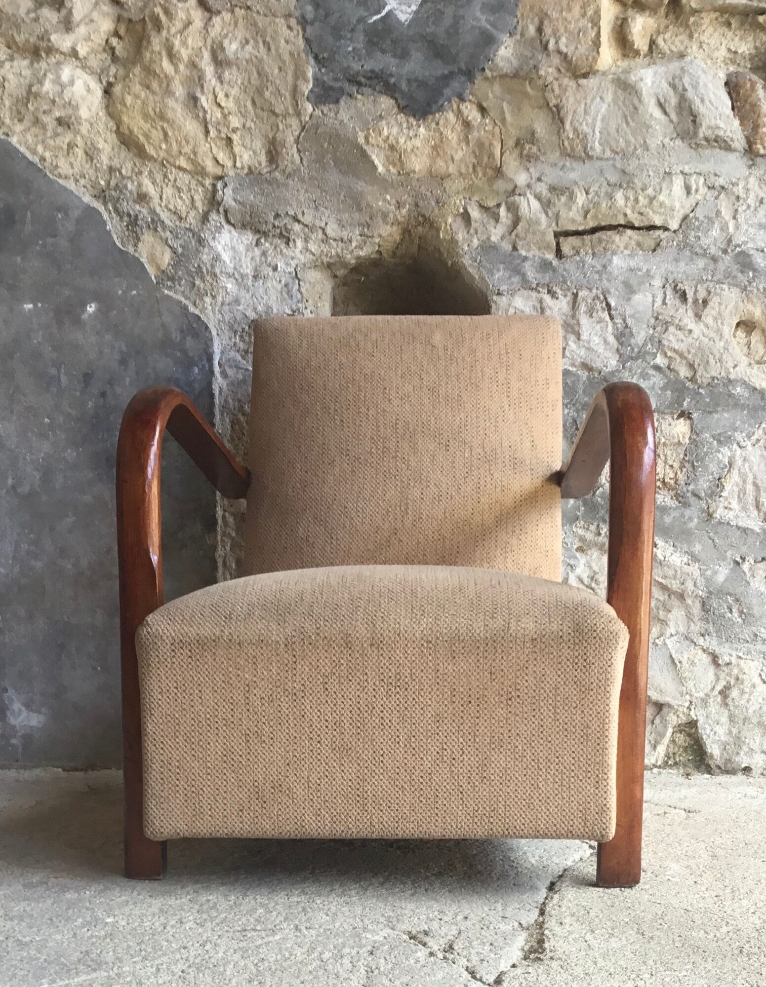 Art Deco armchair - curved wooden armrests - wool coating - mid-twentieth century