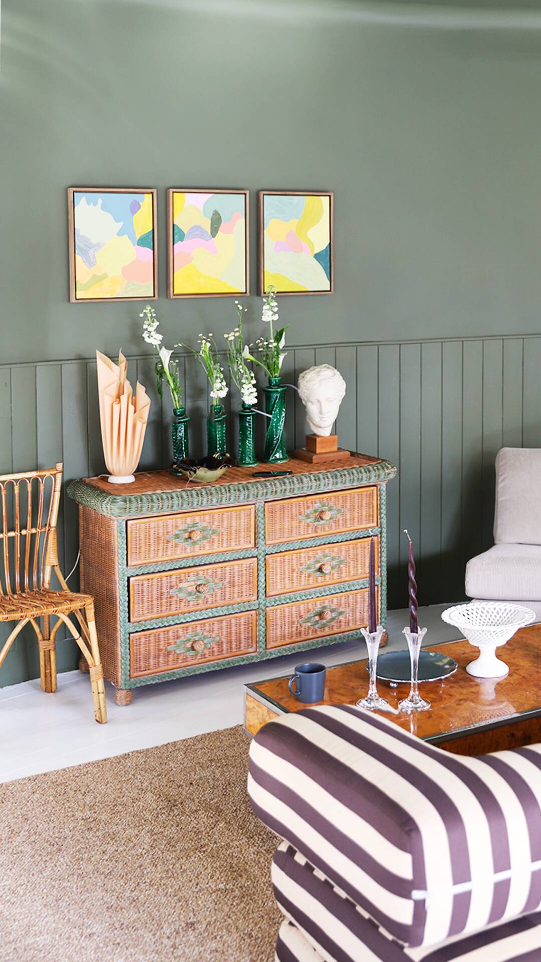 rattan chest of drawers with green details