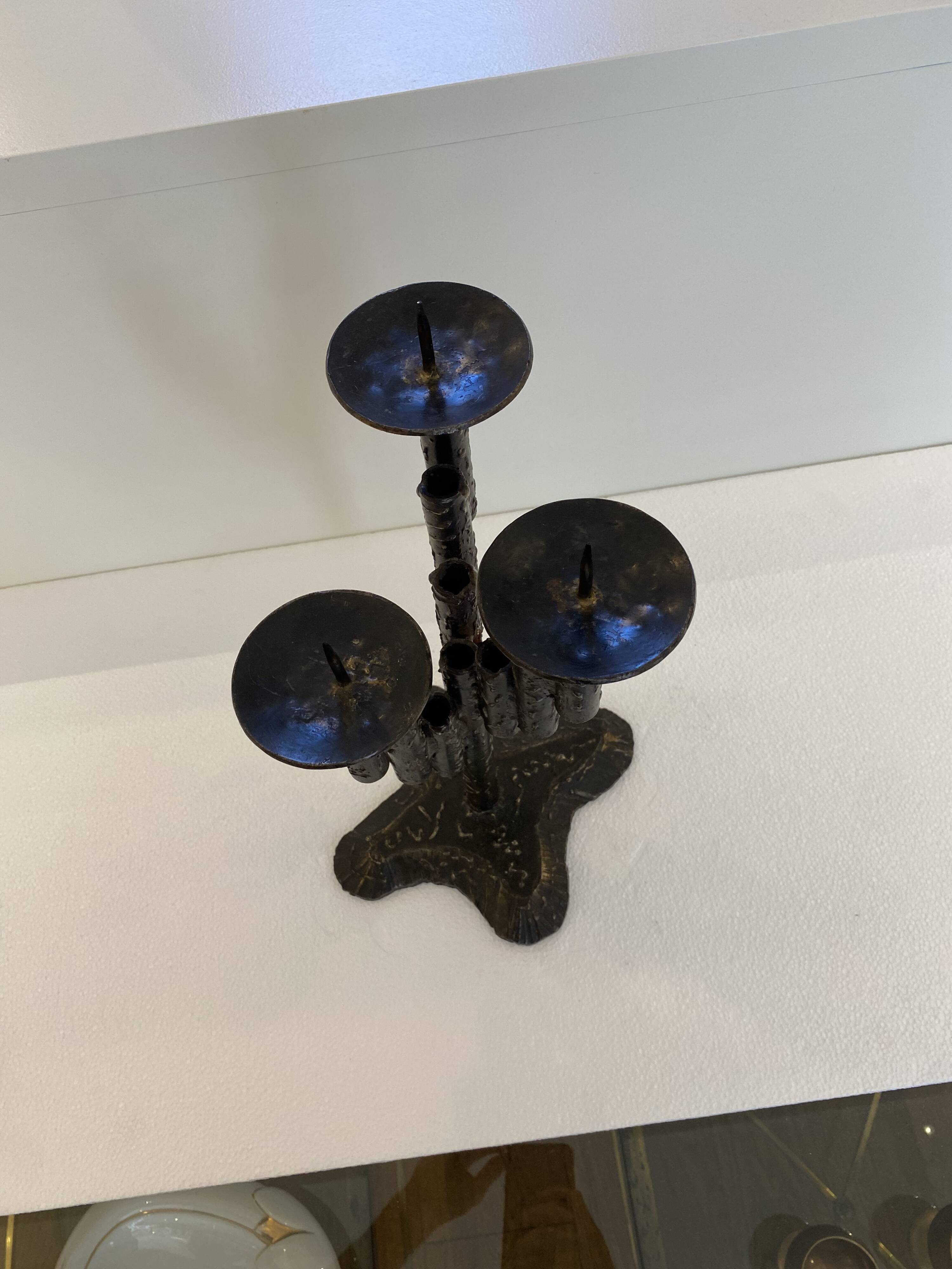 Brutalist Iron Textured Hand Forged Candleholder, Mid-century Modern, 1960s