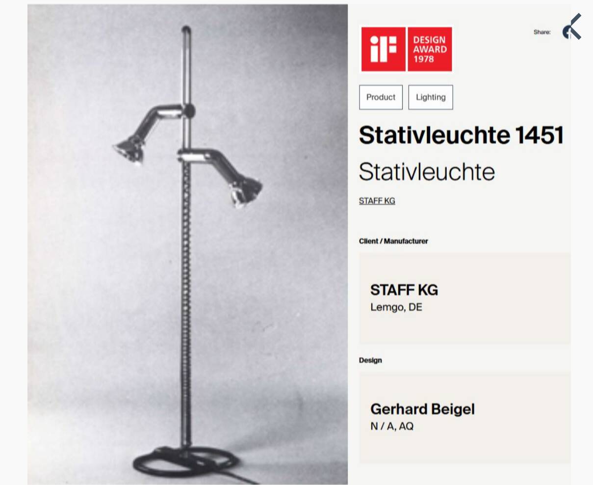 Lampadaire Staff Leuchten 1970
