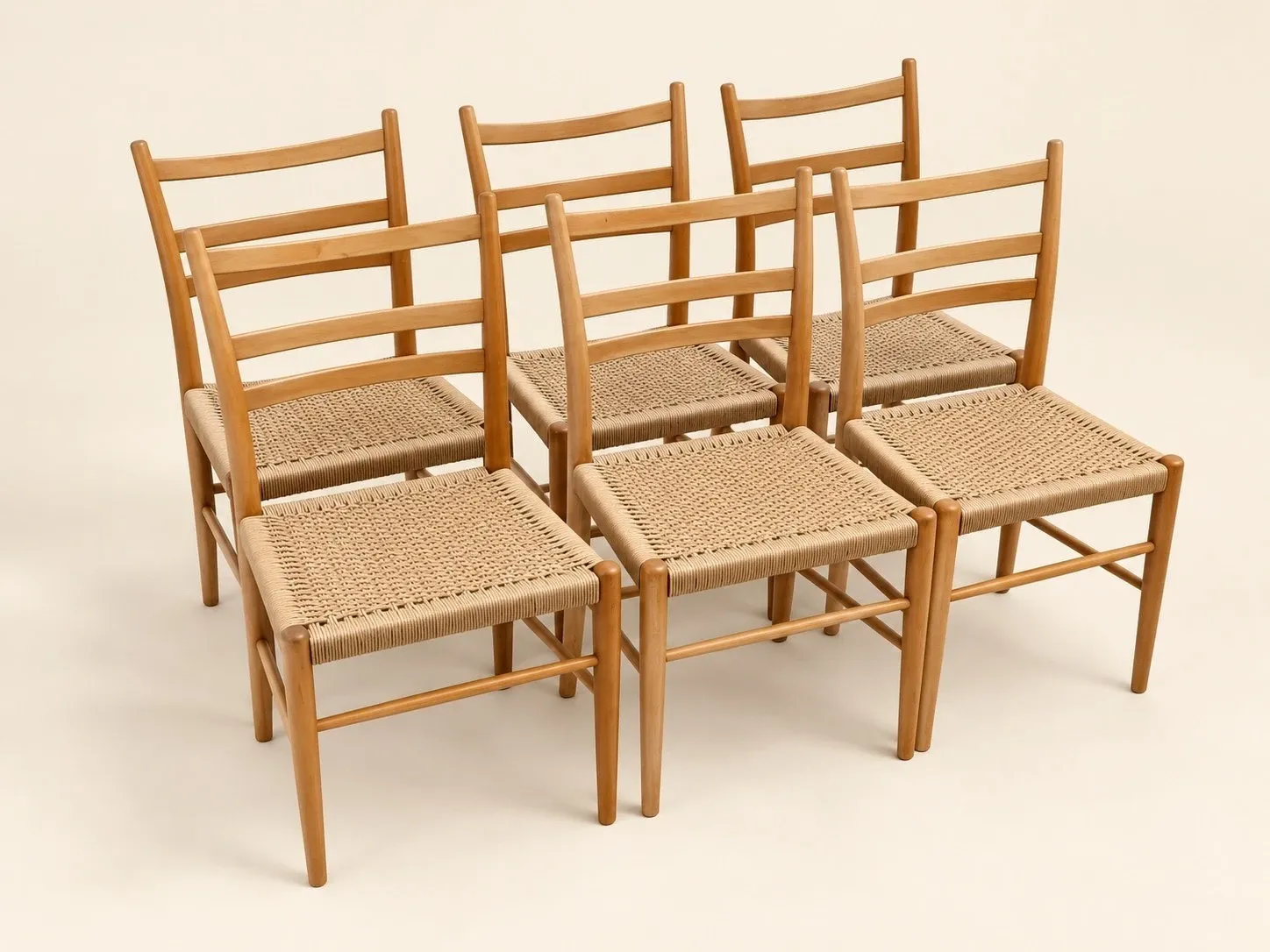 Six mid-century Scandinavian chairs, wood & Danish cord, 1960s.