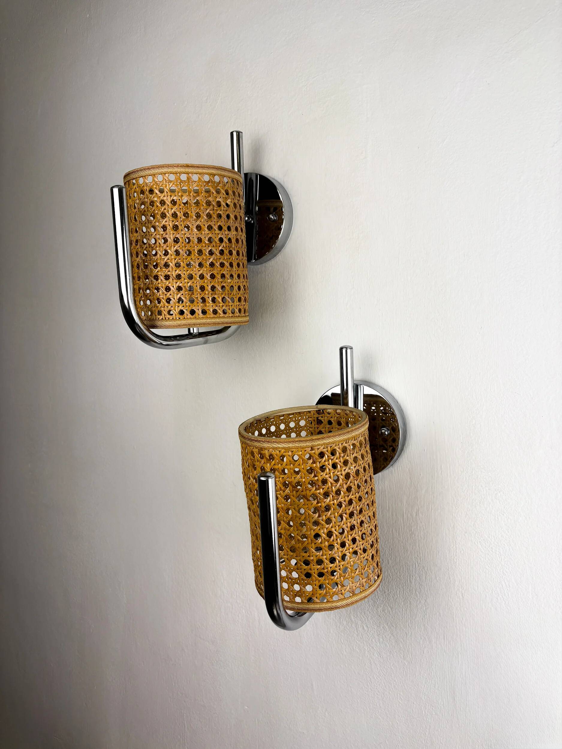Pair of vintage rattan & chrome wall lights, Italy, 1970s