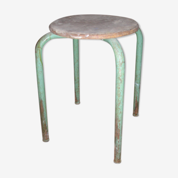 Tabouret ancien d'école en métal et bois