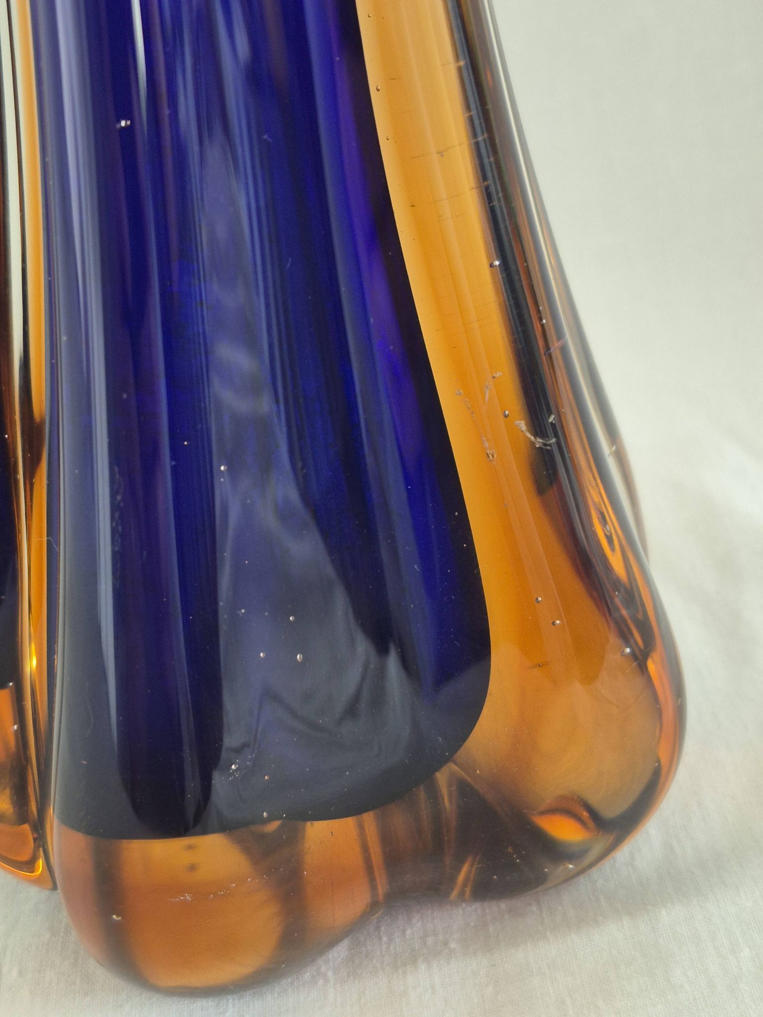 Vintage cobalt blue and amber blown glass vase in Murano style.