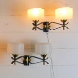 Paire d'applique double, Mid-Century, noir laiton Opaline, France 1950's