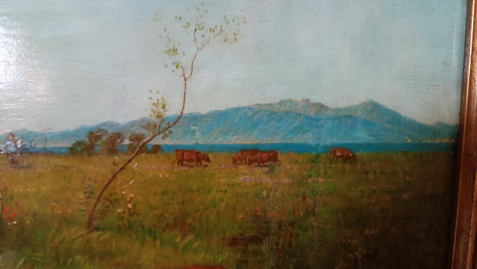 Antique oil painting on panel landscape figures cows - 19th century