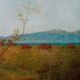 Antique oil painting on panel landscape figures cows - 19th century