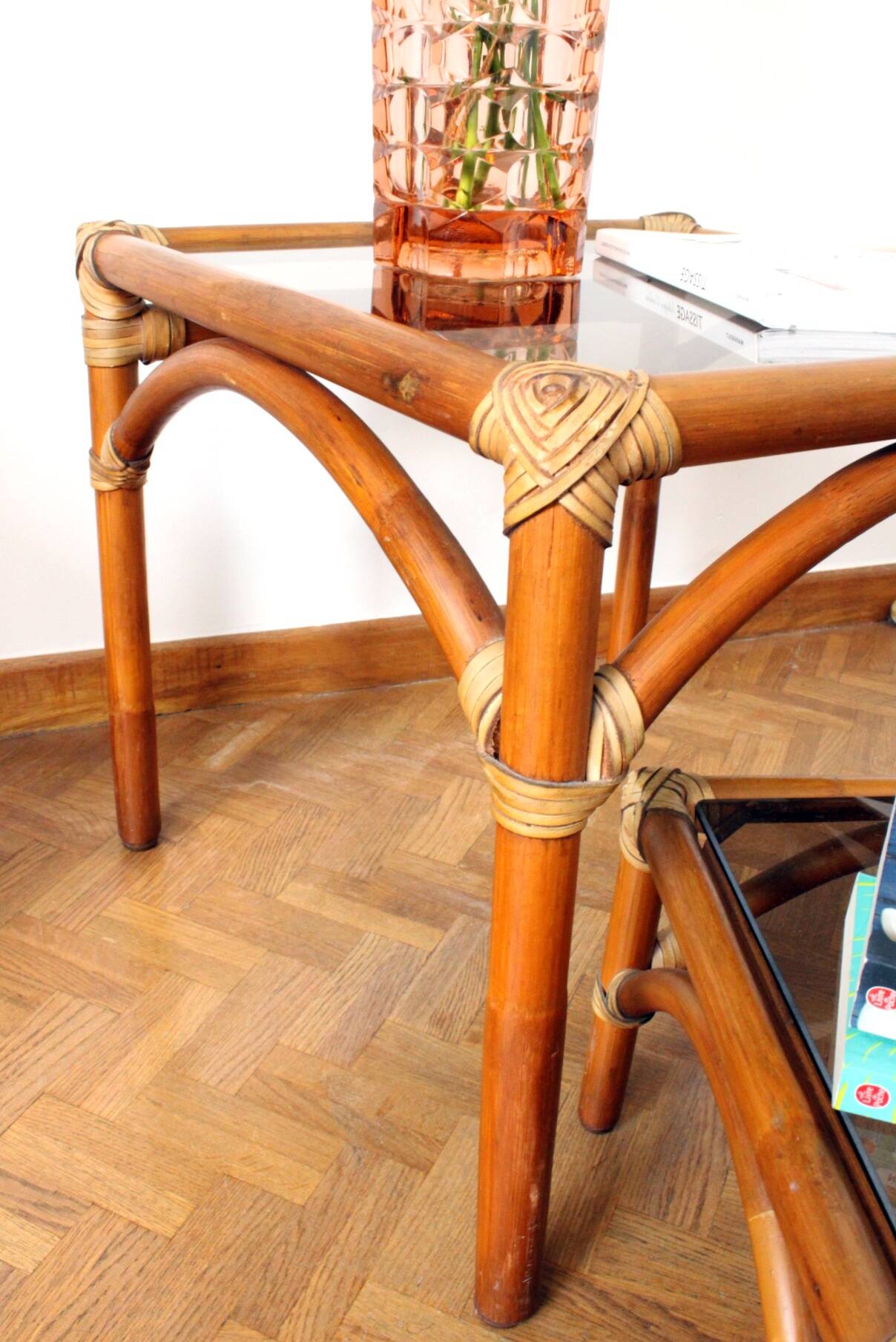Rattan and smoked glass coffee table set