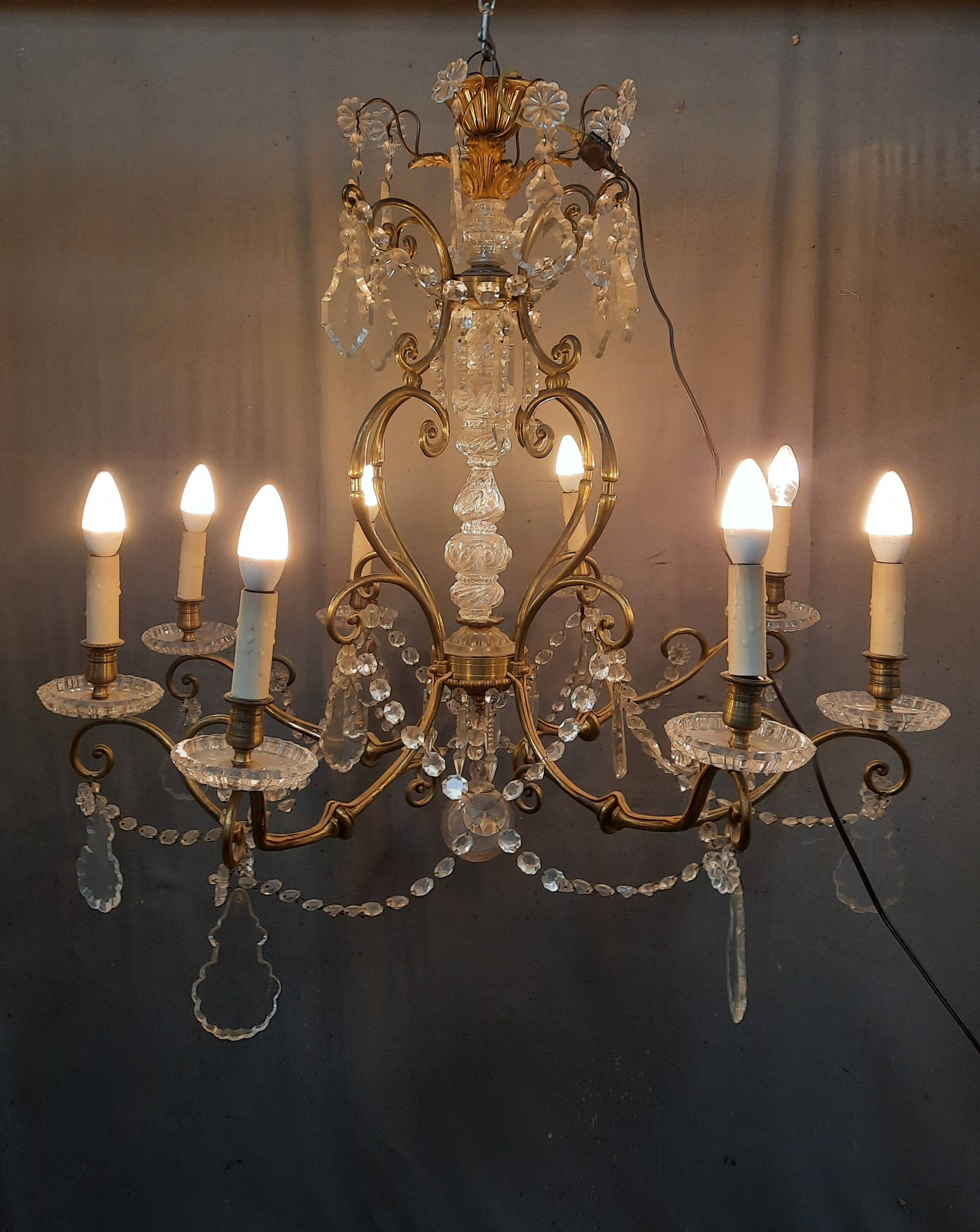 Large brass and glass chandelier