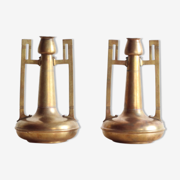 Pair of art nouveau copper and brass vases by Gustave Serrurier-Bovy