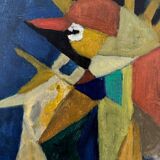 Oil on canvas by Jean Billecocq modern composition with roosters 1960