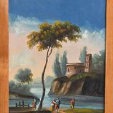 Pair of chairs with slatted backs and painted bands depicting animated landscapes.