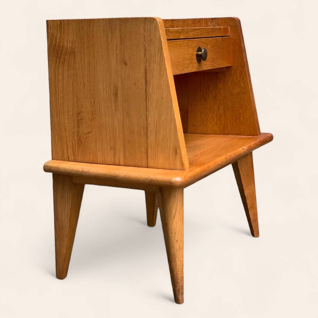Solid oak compass feet bedside table 1950