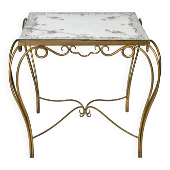 Attributed to René DROUET (1899 - 1993) Games table with mirror top decorated with golden cards and scrolls